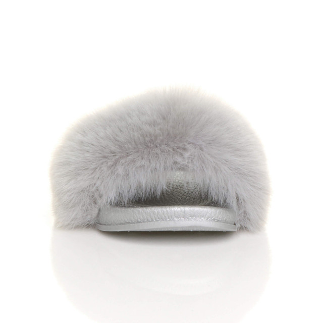 Front view of Grey Fur Flat Slip On Strap Fluffy Slingback Sliders Sandals
