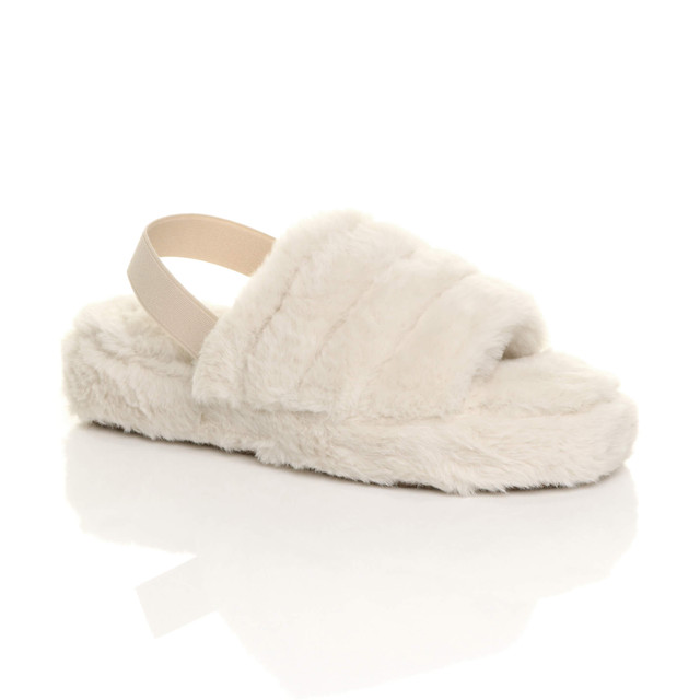 Front right side view of Beige Fur Faux Fur Elasticated Strap Peep Toe Slippers Slides