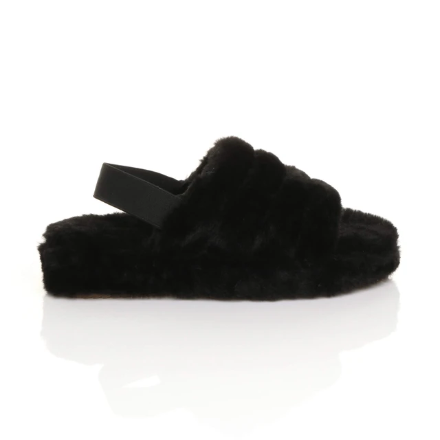 Right side view of Black Fur Faux Fur Elasticated Strap Peep Toe Slippers Slides