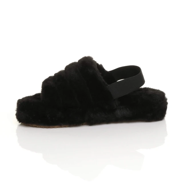 Left side view of Black Fur Faux Fur Elasticated Strap Peep Toe Slippers Slides