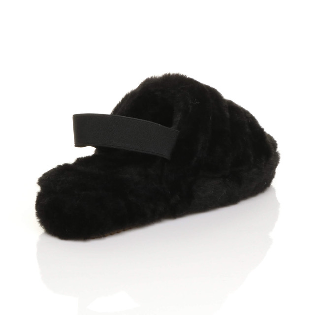 Back right side view of Black Fur Faux Fur Elasticated Strap Peep Toe Slippers Slides