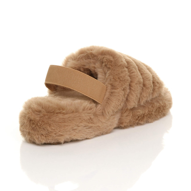 Back right side view of Brown Fur Faux Fur Elasticated Strap Peep Toe Slippers Slides