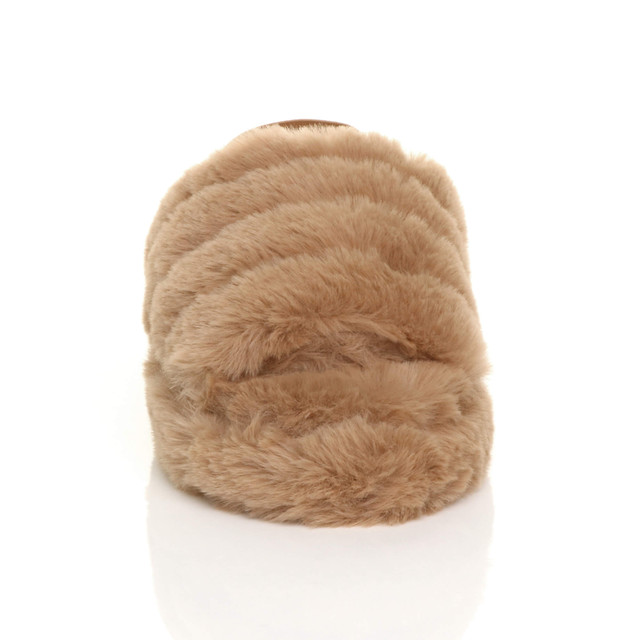 Front view of Brown Fur Faux Fur Elasticated Strap Peep Toe Slippers Slides