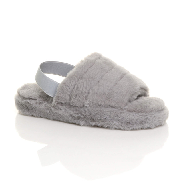 Front right side view of Grey Fur Faux Fur Elasticated Strap Peep Toe Slippers Slides