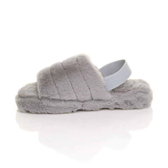 Left side view of Grey Fur Faux Fur Elasticated Strap Peep Toe Slippers Slides