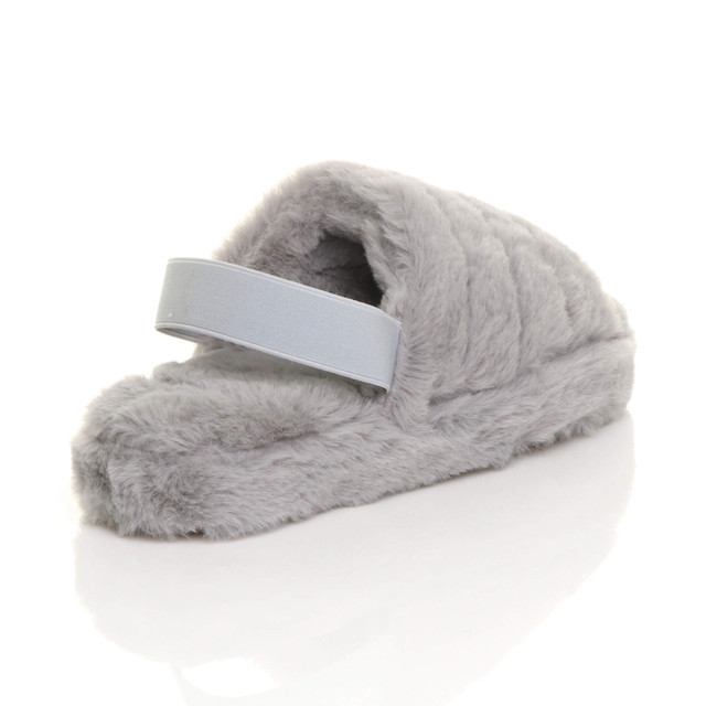 Back right side view of Grey Fur Faux Fur Elasticated Strap Peep Toe Slippers Slides