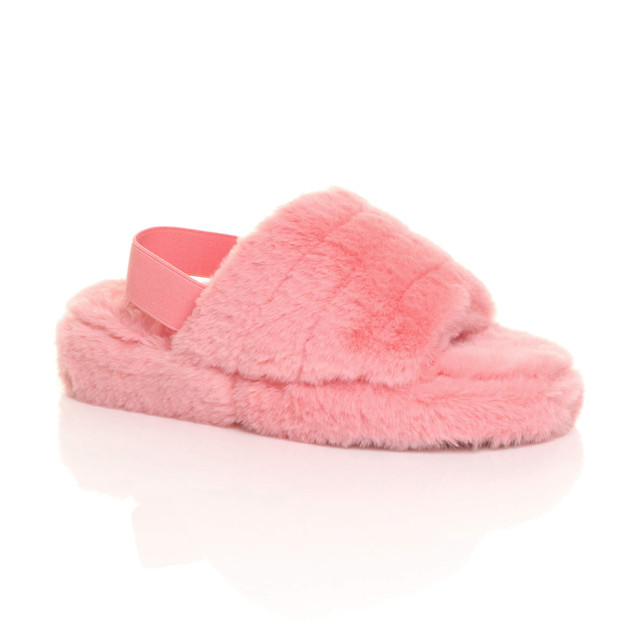 Front right side view of Pink Fur Faux Fur Elasticated Strap Peep Toe Slippers Slides