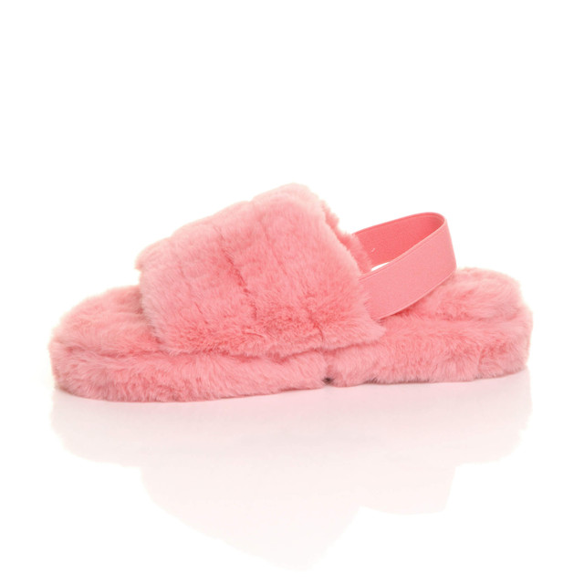 Left side view of Pink Fur Faux Fur Elasticated Strap Peep Toe Slippers Slides