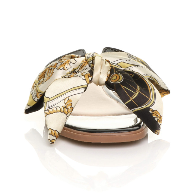 Front view of Black Flat Slip On Mule Boho Printed Bow Sandals Flip Flops