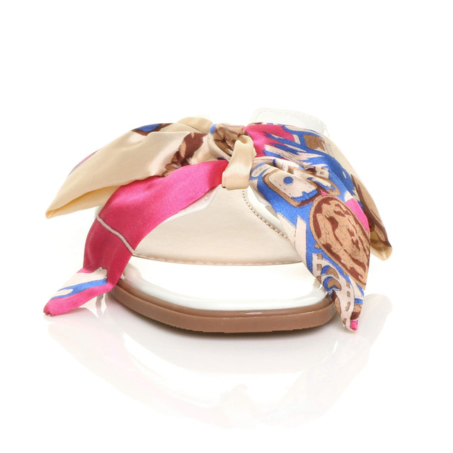 Front view of White Flat Slip On Mule Boho Printed Bow Sandals Flip Flops