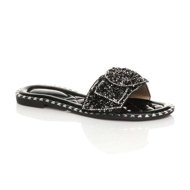 Front right side view of Black PU Flat Slip On Studded Diamante Mules Sandals Flip Flops
