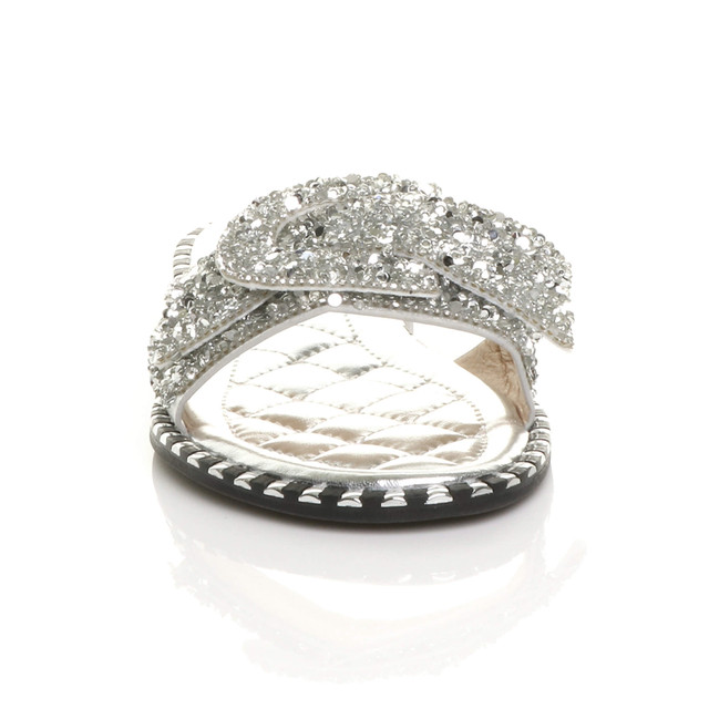 Front view of Silver PU Flat Slip On Studded Diamante Mules Sandals Flip Flops