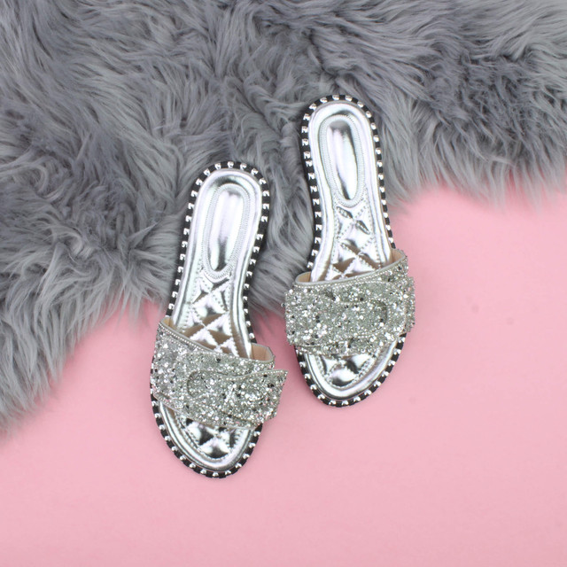 Silver PU Flat Slip On Studded Diamante Mules Sandals Flip Flops