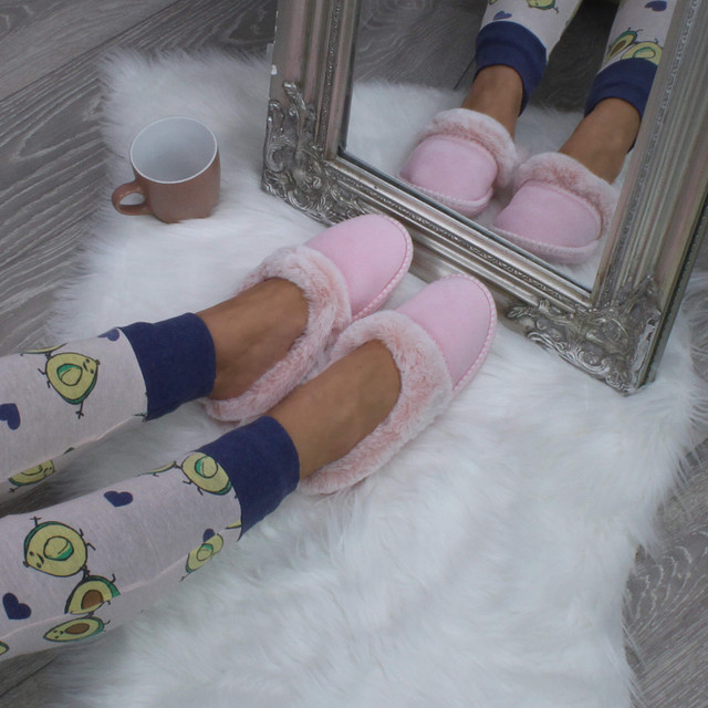 Pink  Suede Fleece Lined Fur Trim Stitch Detail Mule Slippers Scuffs