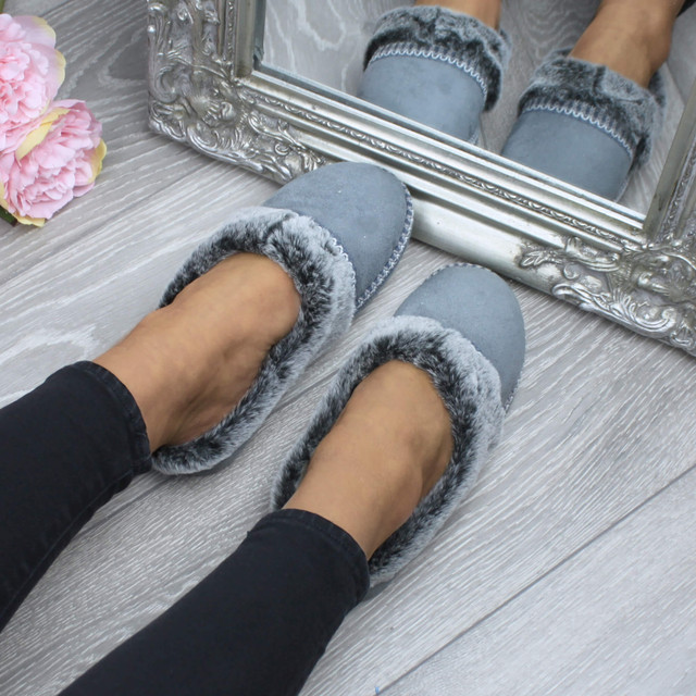 Model wearing Grey Suede Fleece Lined Fur Trim Stitch Detail Mule Slippers Scuffs