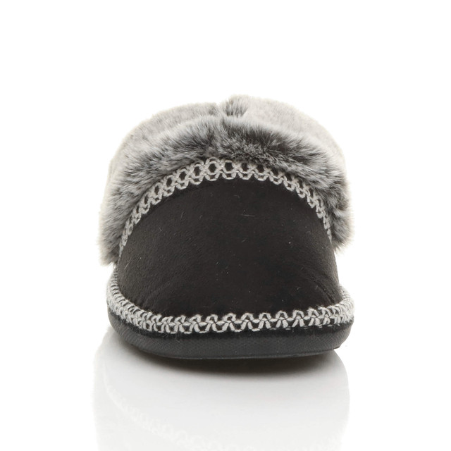 Front view of Black Suede Fleece Lined Fur Trim Stitch Detail Mule Slippers Scuffs