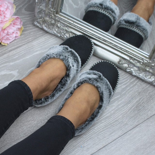 Model wearing Black Suede Fleece Lined Fur Trim Stitch Detail Mule Slippers Scuffs