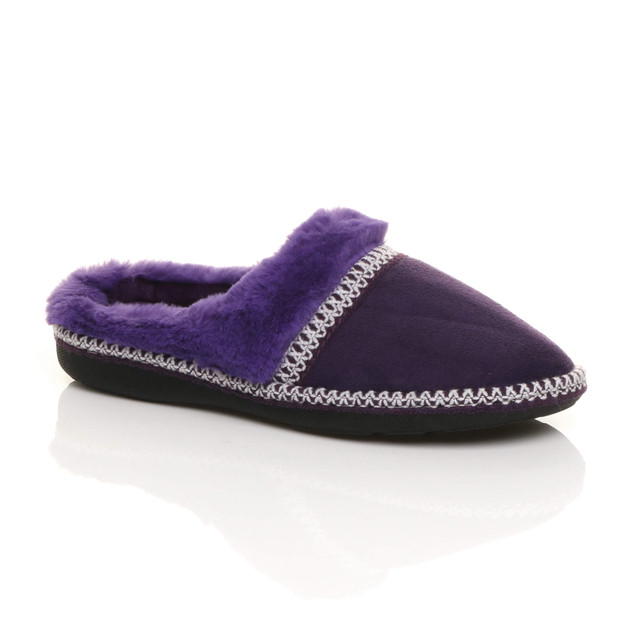 Front right side view of Purple Suede Fleece Lined Fur Trim Stitch Detail Mule Slippers Scuffs