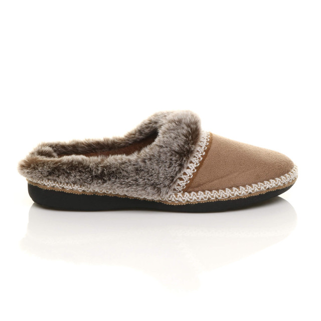 Right side view of Mocha Suede Fleece Lined Fur Trim Stitch Detail Mule Slippers Scuffs