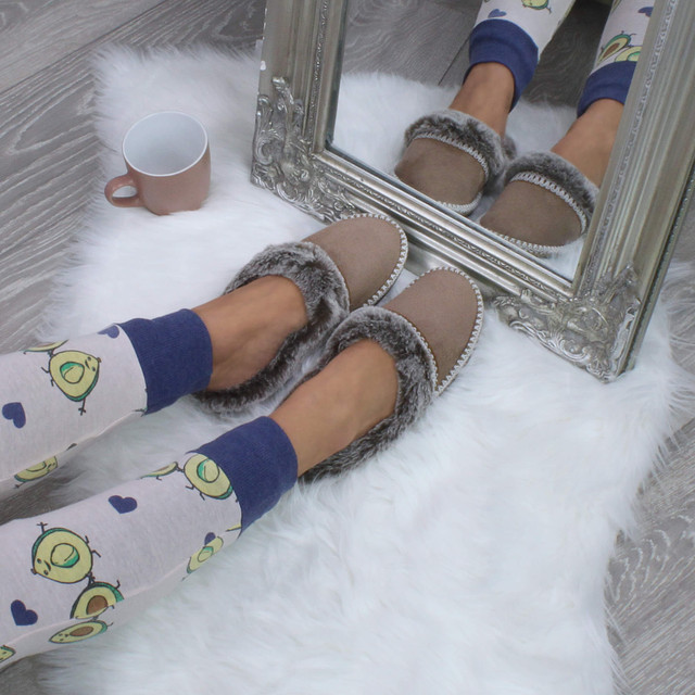Model wearing Mocha Suede Fleece Lined Fur Trim Stitch Detail Mule Slippers Scuffs