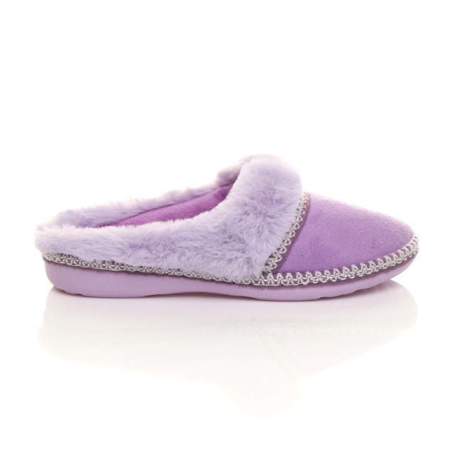 Right side view of Lilac Suede Fleece Lined Fur Trim Stitch Detail Mule Slippers Scuffs
