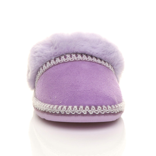 Front view of Lilac Suede Fleece Lined Fur Trim Stitch Detail Mule Slippers Scuffs