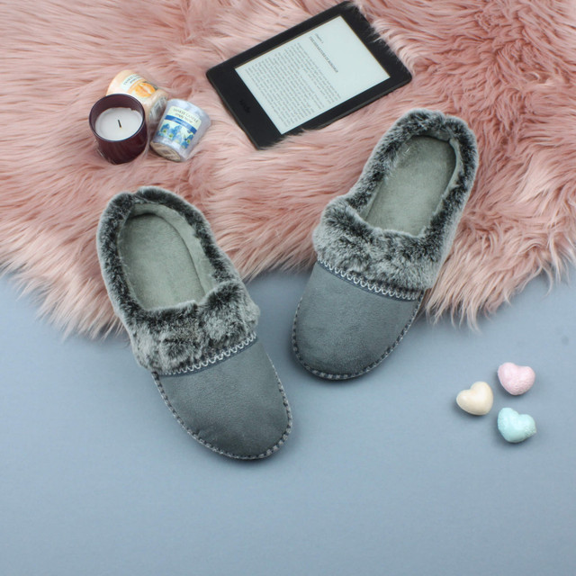 Grey Suede Fleece Lined Fur Trim Stitch Detail Mule Slippers Scuffs