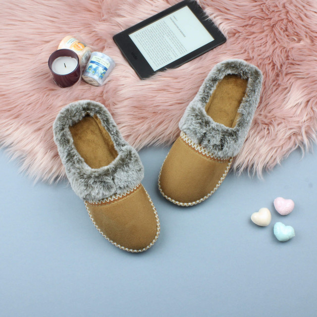 Chestnut Tan Suede Fleece Lined Fur Trim Stitch Detail Mule Slippers Scuffs