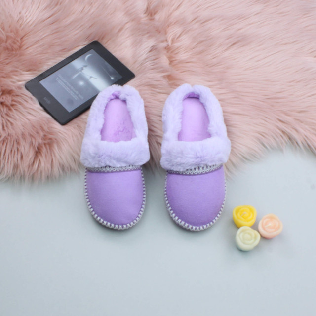 Lilac Suede Fleece Lined Fur Trim Stitch Detail Mule Slippers Scuffs
