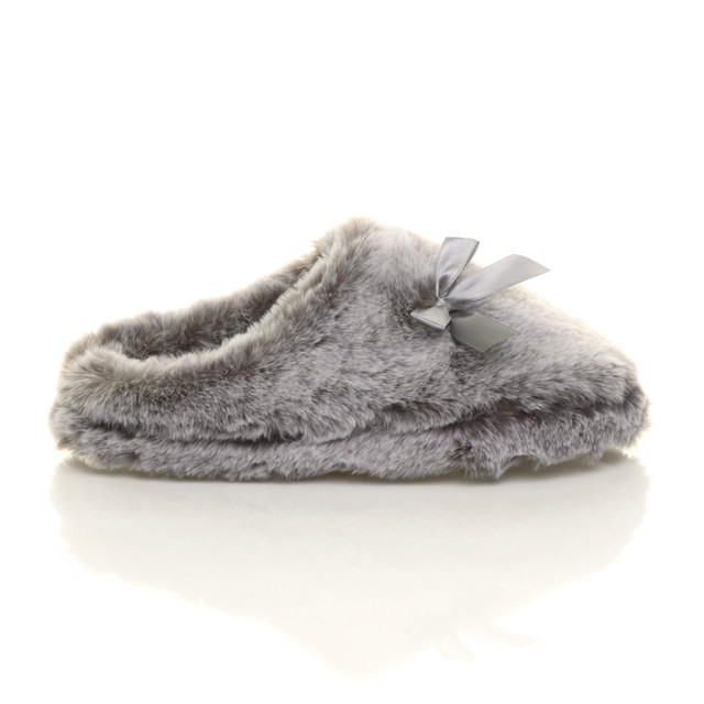Right side view of Grey Fur Fur Fluffy Slip On Mules Grip Sole Scuffs Comfort Slippers