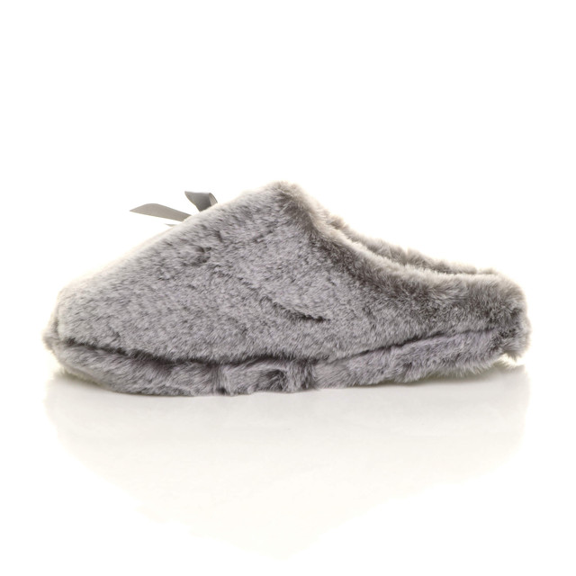 Left side view of Grey Fur Fur Fluffy Slip On Mules Grip Sole Scuffs Comfort Slippers