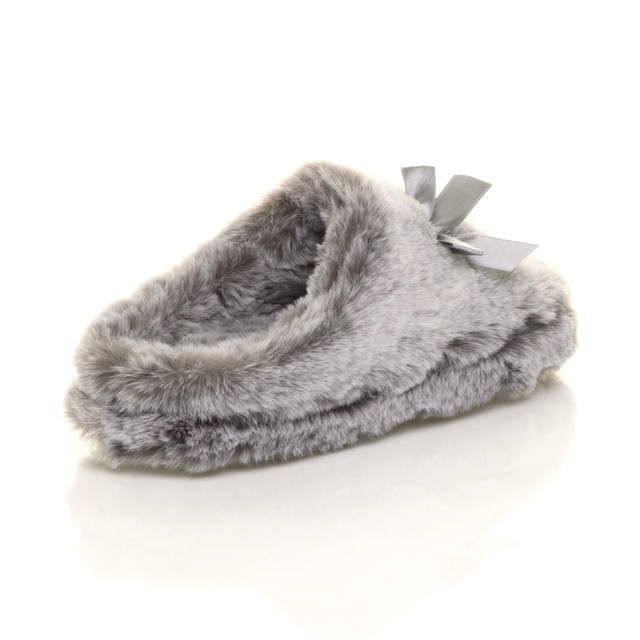 Back right side view of Grey Fur Fur Fluffy Slip On Mules Grip Sole Scuffs Comfort Slippers