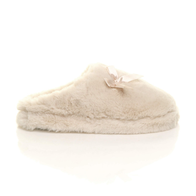 Right side view of Beige Fur Fur Fluffy Slip On Mules Grip Sole Scuffs Comfort Slippers