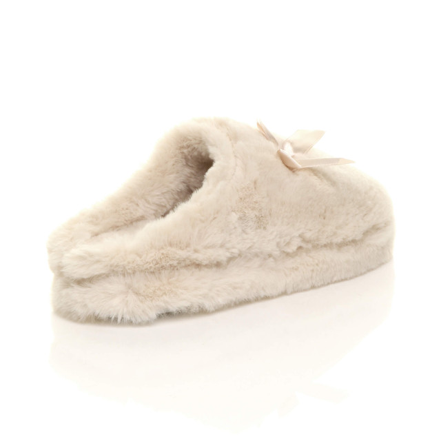 Back right side view of Beige Fur Fur Fluffy Slip On Mules Grip Sole Scuffs Comfort Slippers