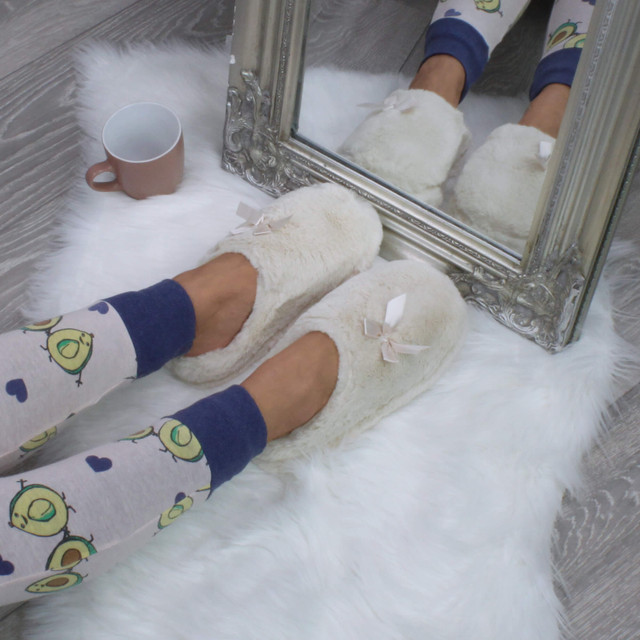 Beige Fur Fur Fluffy Slip On Mules Grip Sole Scuffs Comfort Slippers