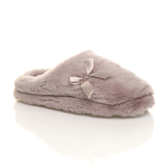 Front right side view of Mocha Fur Fur Fluffy Slip On Mules Grip Sole Scuffs Comfort Slippers