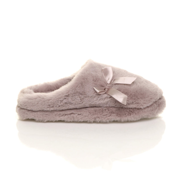 Right side view of Mocha Fur Fur Fluffy Slip On Mules Grip Sole Scuffs Comfort Slippers