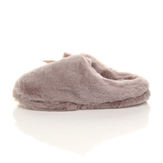 Left side view of Mocha Fur Fur Fluffy Slip On Mules Grip Sole Scuffs Comfort Slippers