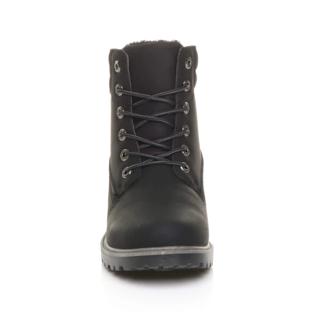 Front view of Black PU Low Heel Lace Up Chunky Fur Lined Military Work Ankle Boots 