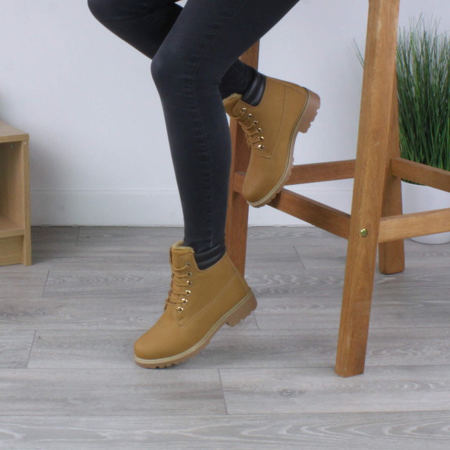 Honey Camel PU Low Heel Lace Up Chunky Fur Lined Military Work Ankle Boots 