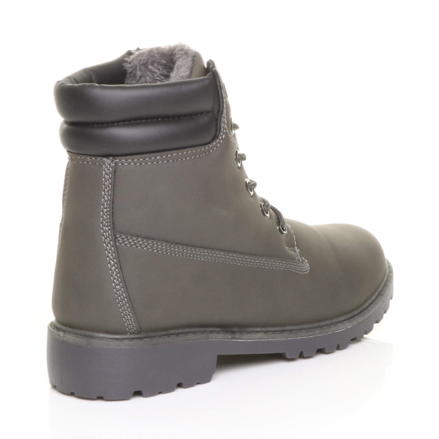 Back right side view of Grey PU Low Heel Lace Up Chunky Fur Lined Military Work Ankle Boots 