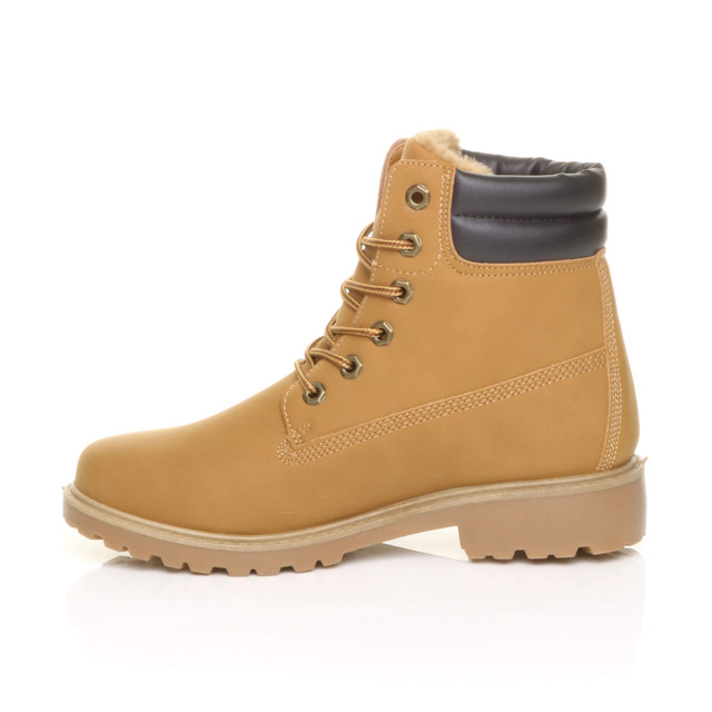 Left side view of Honey Camel PU Mens low heel lace up fur lined military work ankle boots 