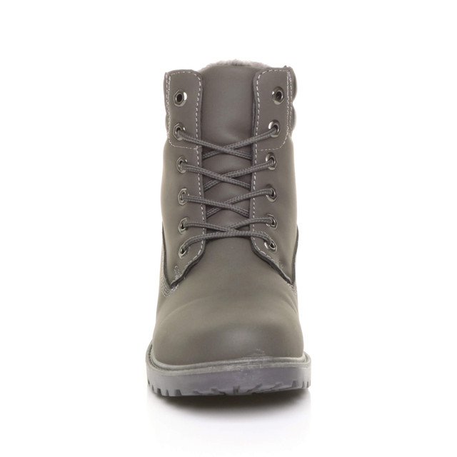 Front view of Grey PU Mens low heel lace up fur lined military work ankle boots 