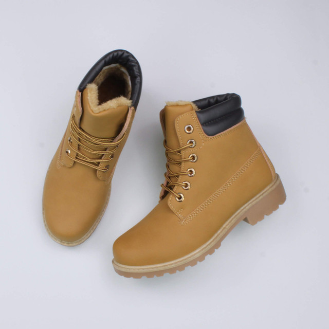 Honey Camel PU Mens low heel lace up fur lined military work ankle boots