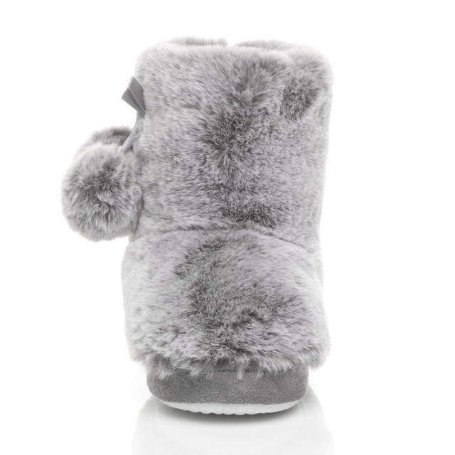 Front view of Grey Fur Kids Fluffy Pom Pom Ankle Boots Slippers Fur Booties