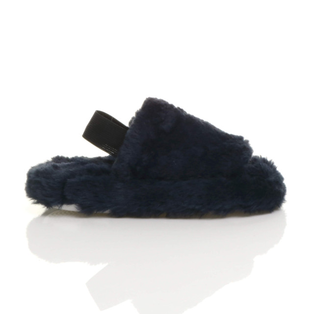 Right side view of Navy Fur Kids Faux Fur Elastic Strap Peep Toe Slippers 