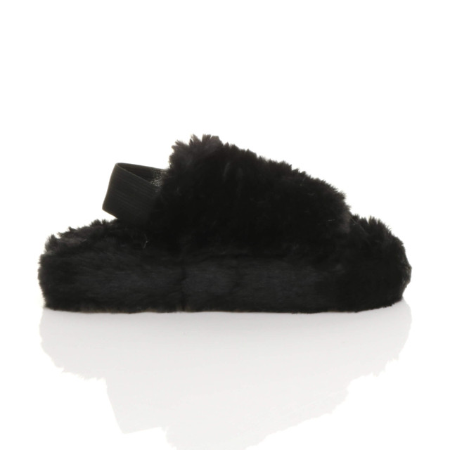Right side view of Black Fur Kids Faux Fur Elastic Strap Peep Toe Slippers 