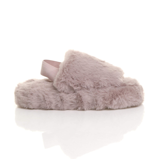 Right side view of Mocha Fur Kids Faux Fur Elastic Strap Peep Toe Slippers 