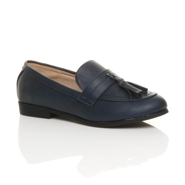 Front right side view of Navy PU Flat Low Heel Tassel Vintage Shoes Loafers Brogues 