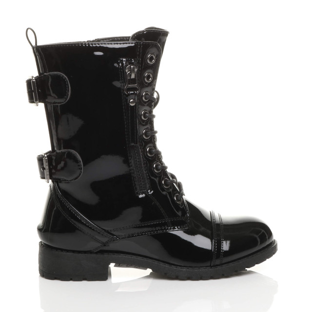 Right side view of Black Patent Girls Low Heel Lace Up Combat Biker Military Ankle Boots